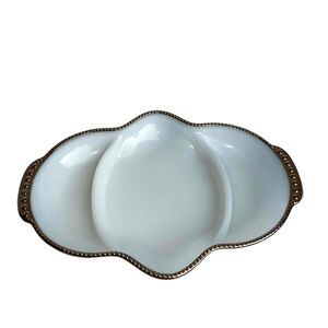 Anchor Hocking Fire King Vintage Milkglass Gold Trim Divided‎ Relish Dish